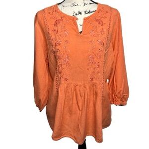 V-Neck Coral Orange Peplum Floral Embroidered Peasant Blouse 16 Festival-Ready